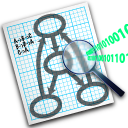 Graphviz logo -- arrows pointing between circles on graph paper, with magnifying glass on top